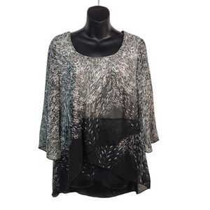 One World Live and Let Live Black White Embellished 3/4 Sleeves Top Blouse Sz S